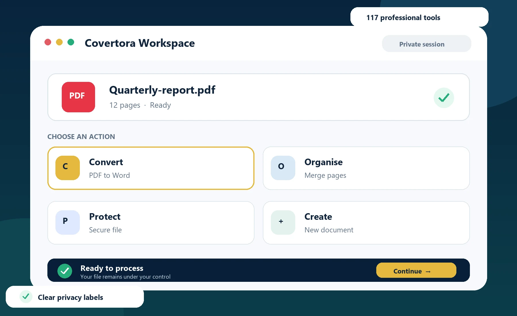 Covertora workspace showing Convert, Organise, Protect and Create tools